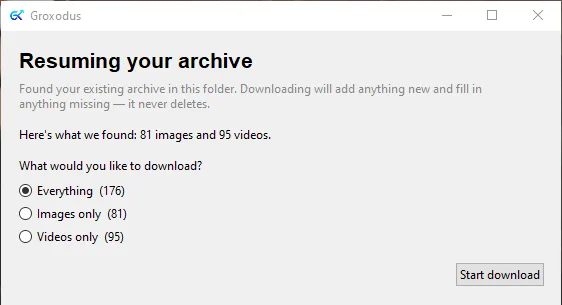 Groxodus showing counts of images and videos found, with download options.