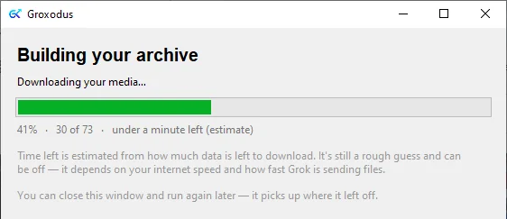 Groxodus download progress bar with a time estimate.