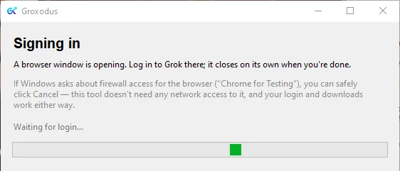 Groxodus waiting while a browser window opens for the Grok login.