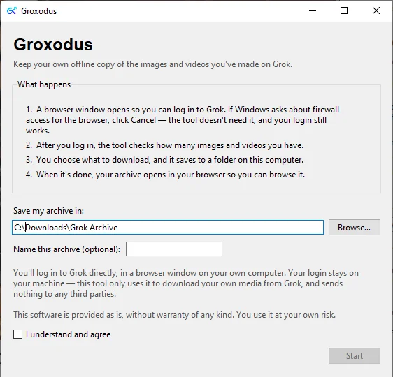 The Groxodus start screen: it lists what will happen, asks where to save the archive, and requires you to tick a box agreeing before the Start button becomes available.