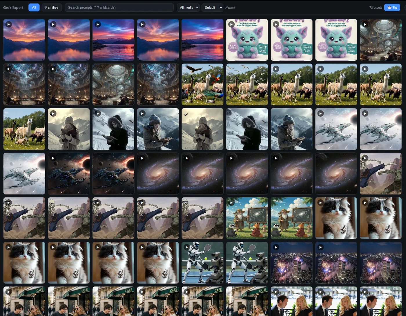 The Groxodus gallery: a dense grid of downloaded images and video thumbnails from a Grok account.