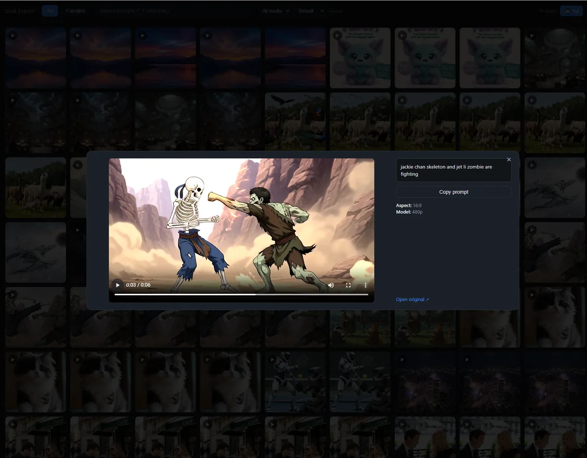 A video open in the gallery with its prompt shown and a copy button.